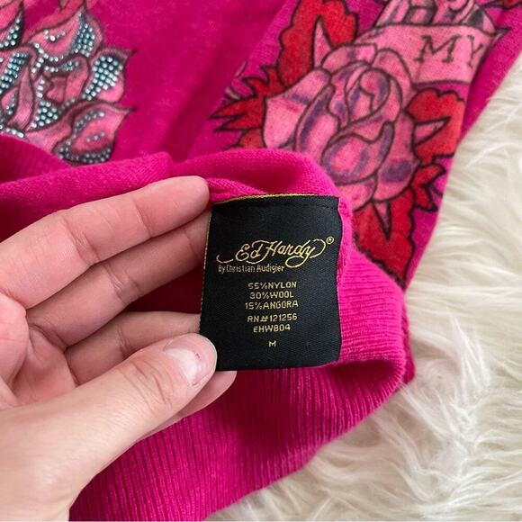 Vintage Ed Hardy Magenta Pink Rhinestone Tattoo Scoop Neck Wool Tunic Sweater M - Picture 6 of 6